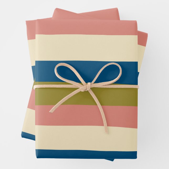 Streifen - Blau, Olivgrün, Rosa und Creme Geschenkpapier Set (Beispiel)