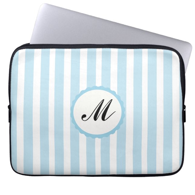 Streifen Blue White Custom Monogram Laptop Sleeve (Vorderseite)