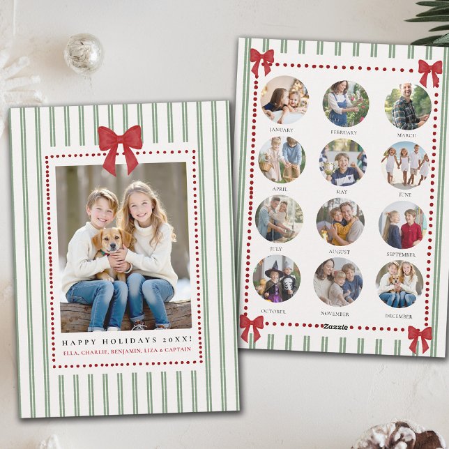 Streifen Bogen Grün Rot Weihnachten Jahr Rückblick (family christmas card year in review template photos green stripes red bow watercolor trendy chic)