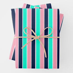 Streifen in Minzgrün, Rosa und Navy Blue Geschenkpapier Set