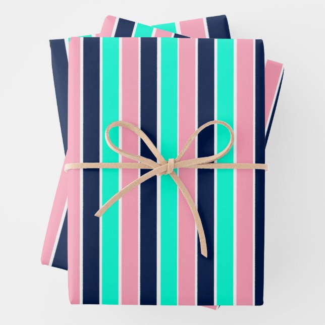 Streifen in Minzgrün, Rosa und Navy Blue Geschenkpapier Set (Beispiel)