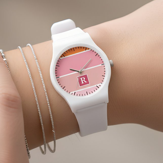 Streifen in rosa, weiß und orange mit Monogramm Armbanduhr (pink striped feminine watch)