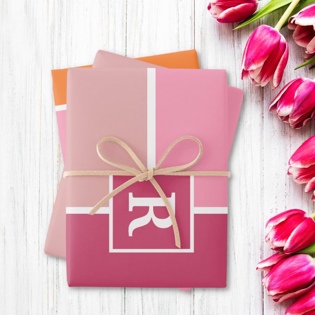 Streifen in rosa, weiß und orange mit Monogramm Geschenkpapier Set (Von Creator hochgeladen)