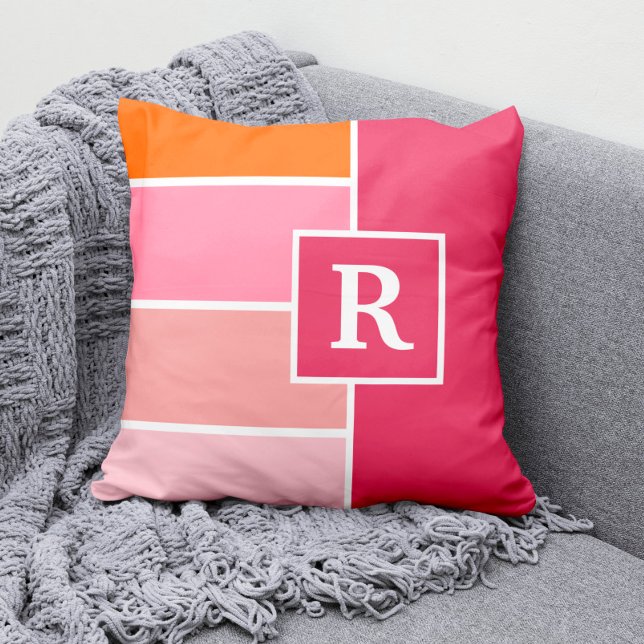 Streifen in rosa, weiß und orange mit Monogramm Kissen (Von Creator hochgeladen)