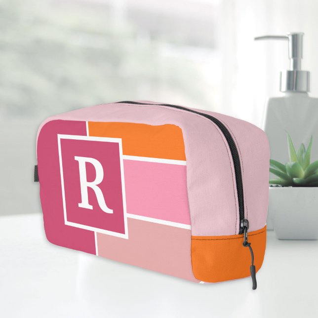 Streifen in rosa, weiß und orange mit Monogramm Waschbeutel (feminine dopp kitt. Pink cosmetic bag with monogram)