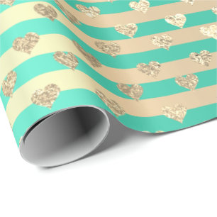 Streifen Lines Herz Champaigne Gold Minze Geschenkpapier