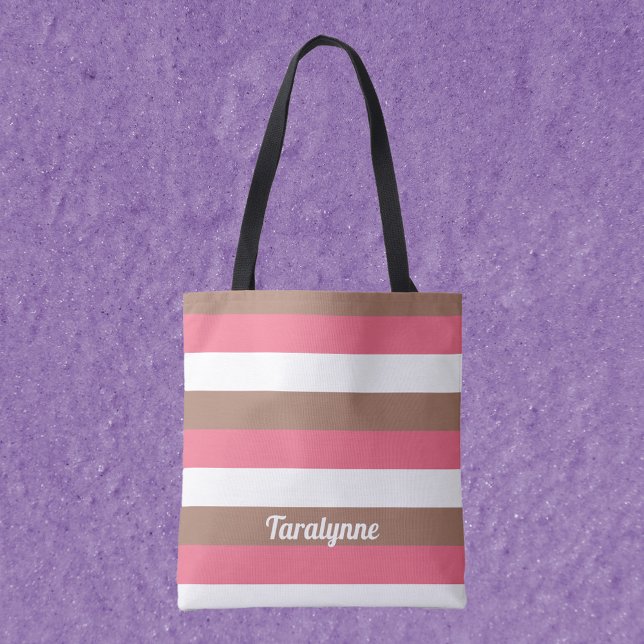 Streifen Mocha Brown Pink White personalize (A tote bag with pink, brown and white pattern with text you can customize!)