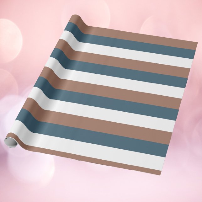Streifen Muster Mocha Brown Aquamarin White Geschenkpapier (Wrapping paper with a pattern of mocha brown, teal and white stripes)