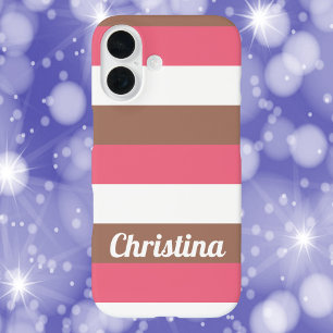 Streifen Muster Mocha Pink White personalisieren iPhone 16 Hülle