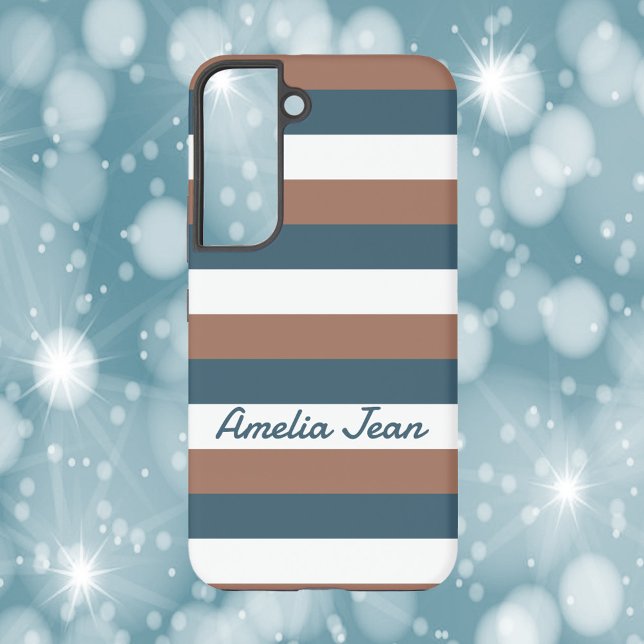 Streifen Muster personalisieren Aquamarines Weiß i Samsung Galaxy Hülle (A phone case with brown, white and teal stripes. Plus text you can personalize!)