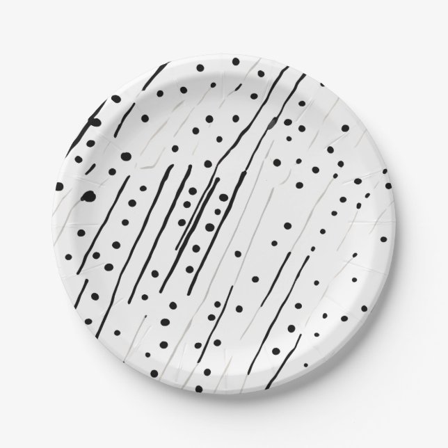 Streifen oder Polka-Punkte, schwarz, weiß, grau Pappteller (Vorderseite)