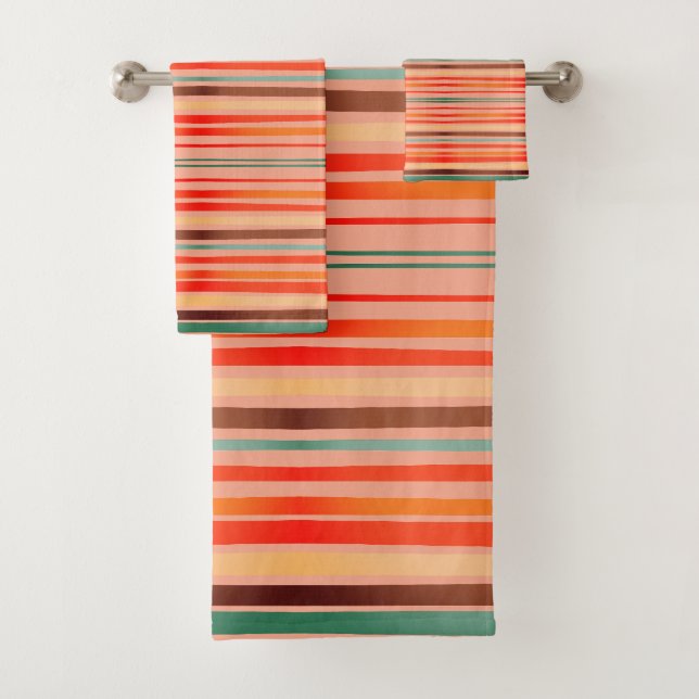 Streifen Peach, Coral, Blau, Orange, Clay Badhandtuch Set (Insitu)