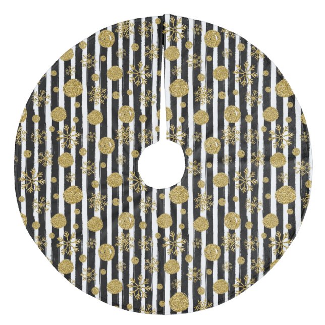 Streifen, Schneeflocken und Schneebälle Fleece Weihnachtsbaumdecke (Vorderseite)