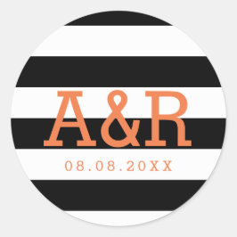 Streifen schwarz und weiß | Orange Monogram & Date Runder Aufkleber