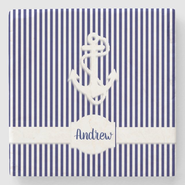 Streifen und Ankermonogramm oder Name benutzerdefi Steinuntersetzer (Vorderseite)