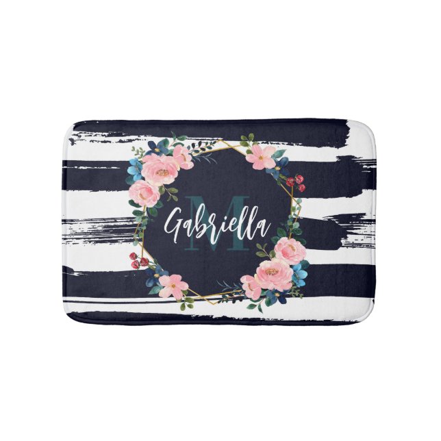 Streifen und Blumenrahmen, Monogramm Badematte (Vorderseite)