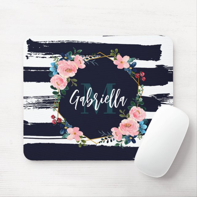 Streifen und Blumenrahmen, Monogramm Mousepad (Mit Mouse)