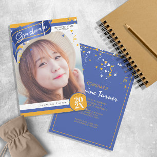 Streifen und Confetti Abschluss Blue/Gold ID890 Einladung
