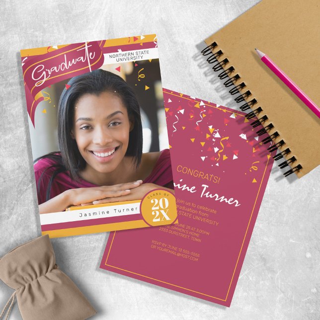 Streifen und Confetti-Abschluss, rot/Gold-ID890 Einladung (Von Creator hochgeladen)