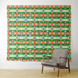 Streifen und geometrische Formen, grün orange, wei Wandteppich