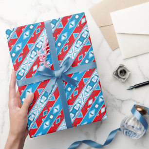 Streifen und geometrische Formen, rot-blau Geschenkpapier