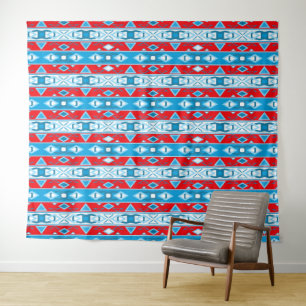 Streifen und geometrische Formen, rot-blau Wandteppich