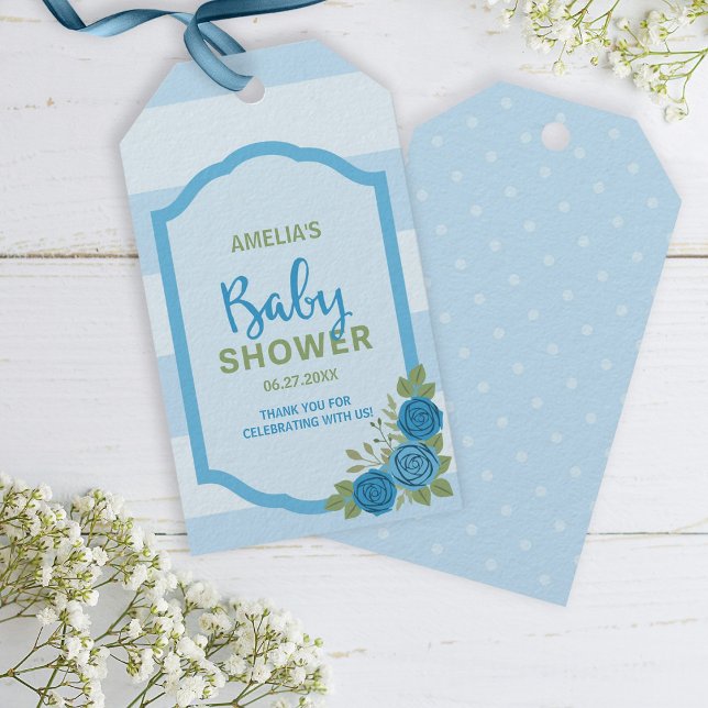 Streifen und Rose Blue Boy Baby Dusche Geschenkanhänger (Von Creator hochgeladen)