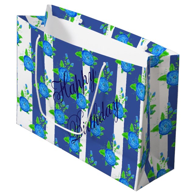 Streifen und Rose Große Geschenktüte (Vorderseite Schrägansicht)
