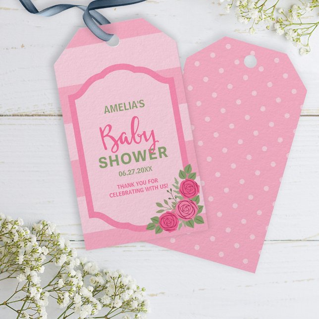 Streifen und Rose Pink Girl Babydusche Geschenkanhänger (Von Creator hochgeladen)