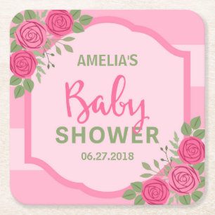 Streifen und Rose Pink Girl Babydusche Rechteckiger Pappuntersetzer
