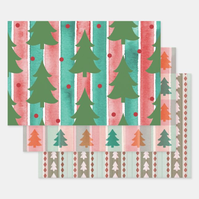 Streifen- und Weihnachtsbaum-Muster Geschenkpapier Set (Set)