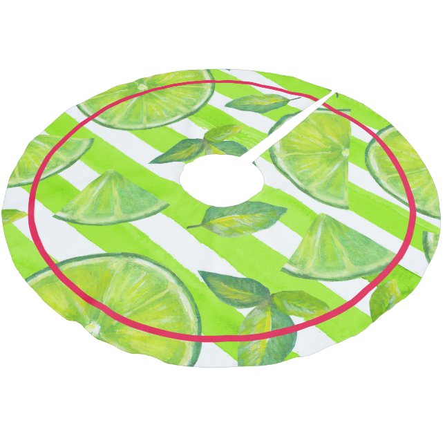 Streifen Wasserfarbe Limon und Hot Red Pink Polyester Weihnachtsbaumdecke (Schrägansicht)