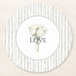 Streifen Weiße Rose Blumenstrauß Liebe Hochzeit Runder Pappuntersetzer