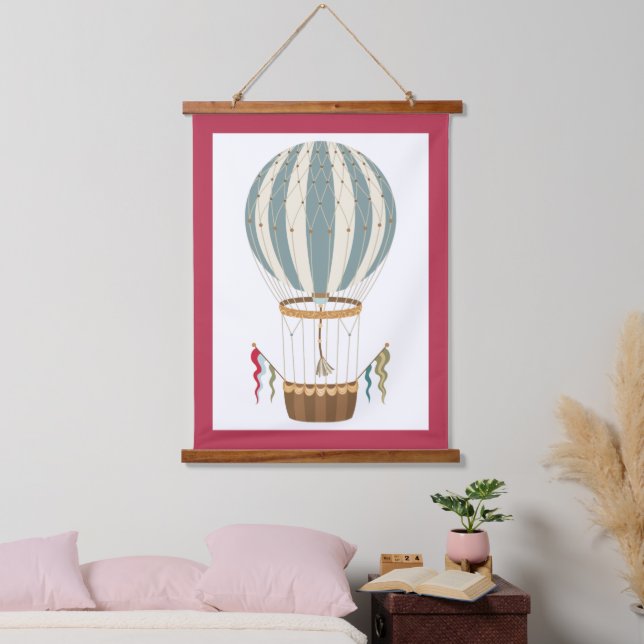 Streifenblau und Weißer Steampunk Heißluftballon Wandteppich Mit Holzrahmen (Schlafzimmer)