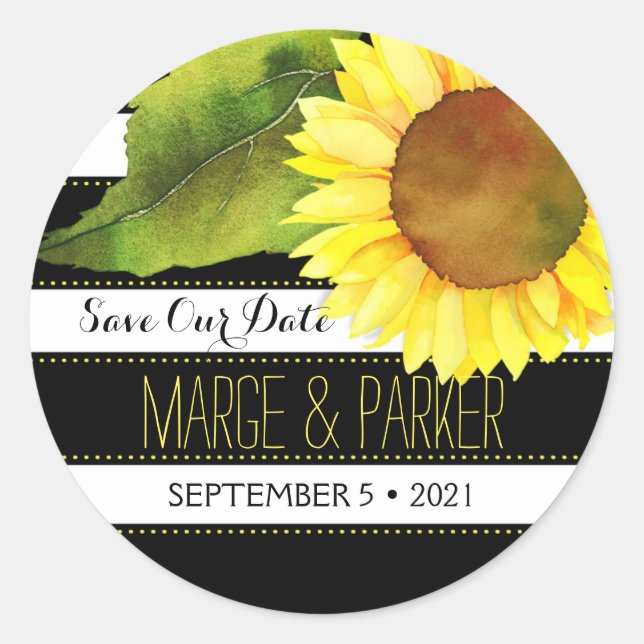 Streifenfarbene Sonnenblumenhochzeit Rette unser D Runder Aufkleber (Vorderseite)