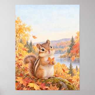 Streifenhörnchen mit Ahornblatt im Herbst – Poster