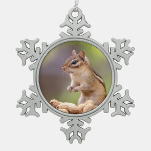 Streifenhörnchen mit Erdnüssen Schneeflocken Zinn-Ornament
