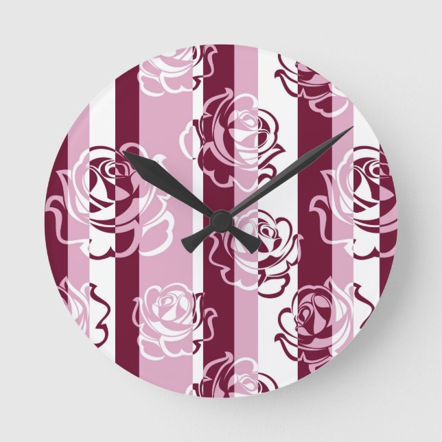 Streifenmuster mit Rose Runde Wanduhr (Vorderseite)