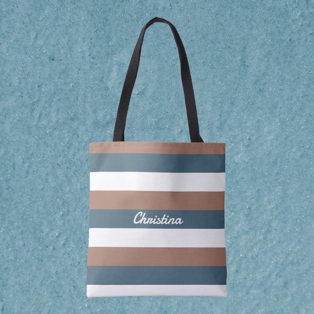 Streifenmuster personalisieren Aquamarin-braunes W (A tote bag with mocha brown, teal and white stripes!  Includes text that can be personalized!)