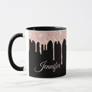 Streikendes Blush-Pink-Glitter auf schwarzem Monog Tasse