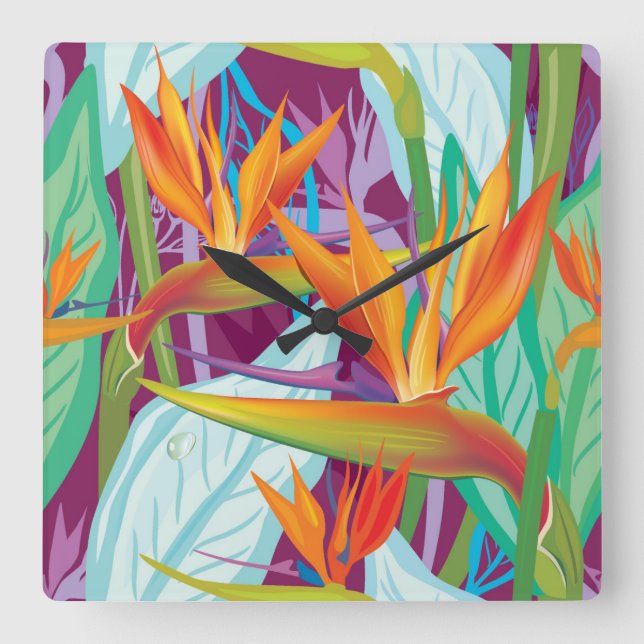 Strelitzia Pattern Quadratische Wanduhr (Vorderseite)