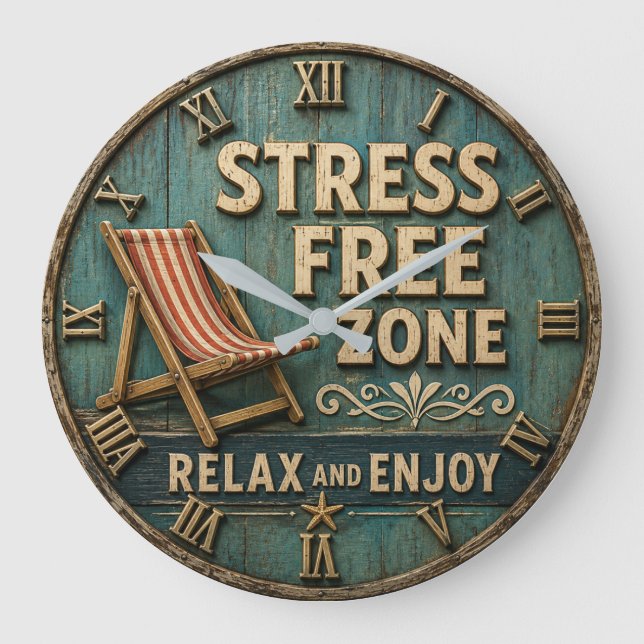 Stress Free Zone Rustic Coastal Beach House Decor Große Wanduhr (Vorderseite)