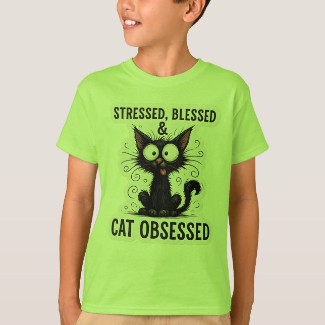 Stressed Blessed & Cat Obsessed Funny Black Cat De T-Shirt (Vorderseite)