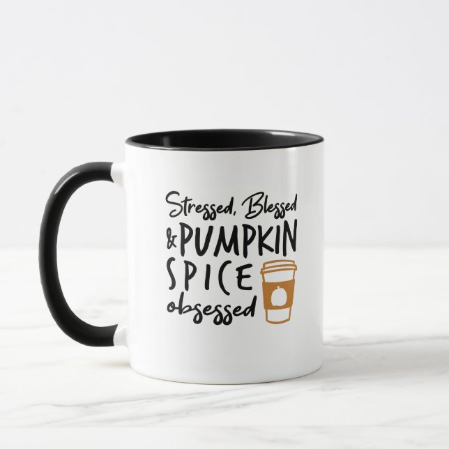 Stresst, gesegnet, Kürbisgeruch besessen Tasse (Links)