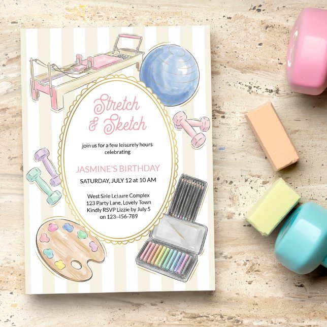 Stretch and Sketch Pilates Art Birthday Party Einladung (Stretch and Sketch invitation - activity based celebration, fitness / craft workshop event etc)