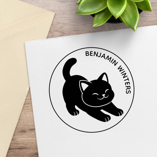 Stretching Black Cat Custom Text Gummistempel (Von Creator hochgeladen)