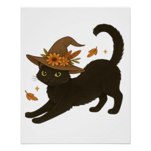 Stretching Black Cat � Witchy Autumn Classic T-Shi Poster
