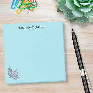 Stretching Grey Tabby Cat Blue Custom Text Post-it Klebezettel