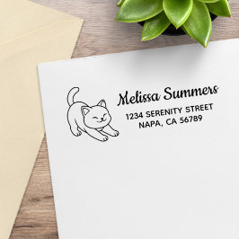 Stretching White Cat Return Address Gummistempel