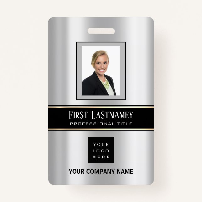 Strichcode Foto Name ID Card Vertikal Metal Grau Ausweis (Vorderseite)